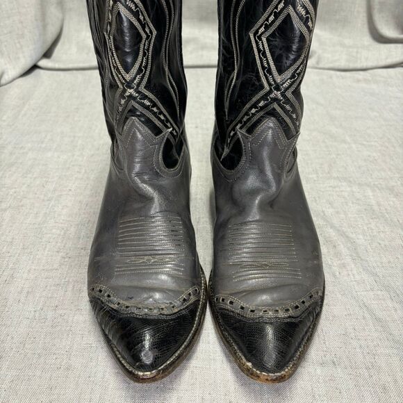 Tony Lama Vintage Cowboy Boots Grey Black Leather Western Top Stitching Size 9 - Picture 4 of 11